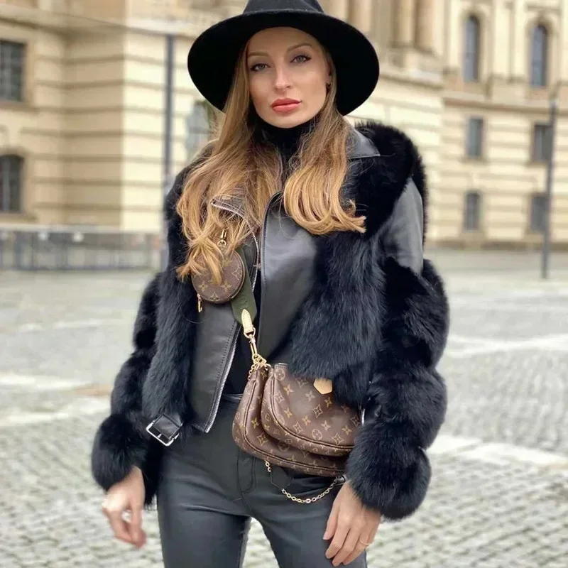 Kobiety eleganckie sztuczne futro ciepły krótki płaszcz jesienno-zimowa 2025 czarna moda łączona główna ulica damska kurtka wierzchnia — zdjęcie 2