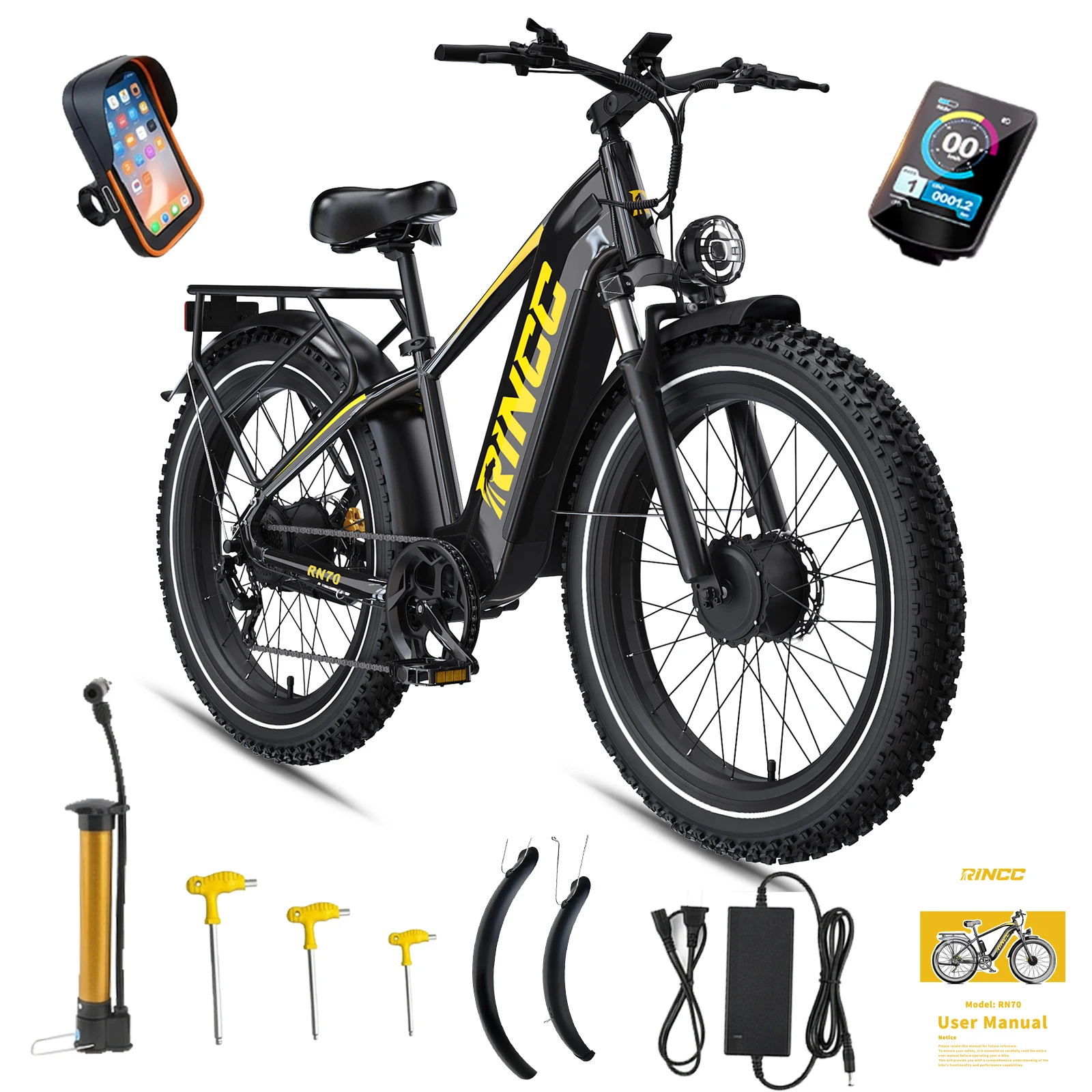 RINCC RN70 26' X 4.0 E-Bike mit Doppelmotor, 48V 20AH Akku, 1500W×2 120Nm×2 Doppelmotoren, 7-Gang-Schaltung, 55 °   Kann 155kg Last tragen
