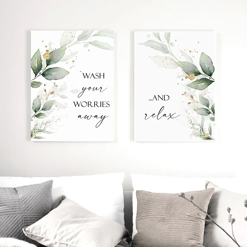 Bathroom Poster HD Print Canvas Painting Botanical Tropical Leaves Wash Your Worries Away And Relax Quote Wall Art Picture Decor