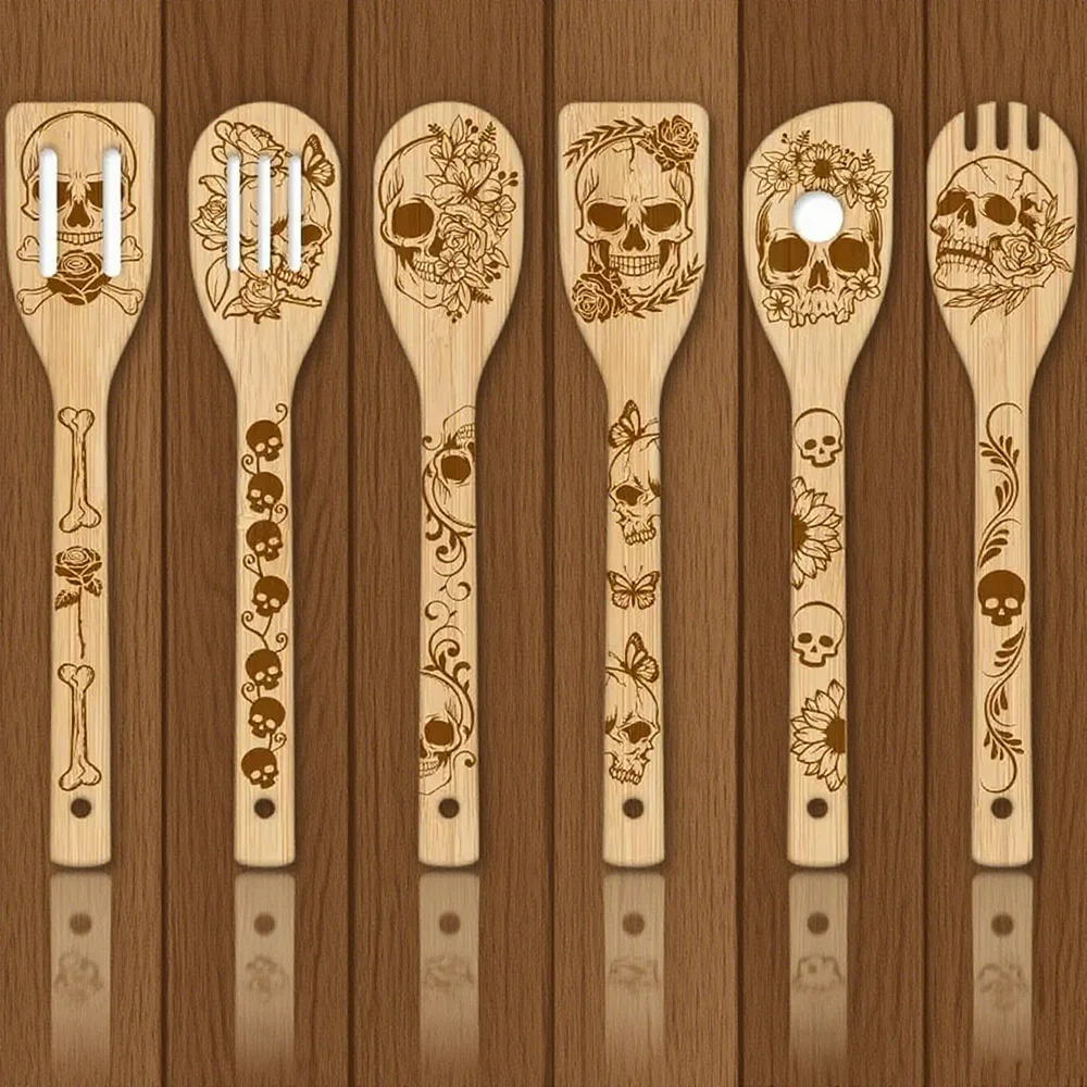 

Skeleton Bamboo Cooking Utensils Wooden Engraved Spoon Spatula Gothic Halloween Party House Warming Gift Kitchen Baking Supplies