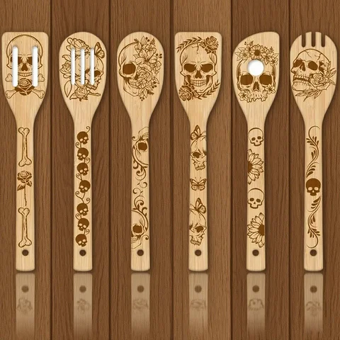 Skeleton Bamboo Cooking Utensils Wooden Engraved Spoon Spatula Gothic Halloween Party House Warming Gift Kitchen Baking Supplies