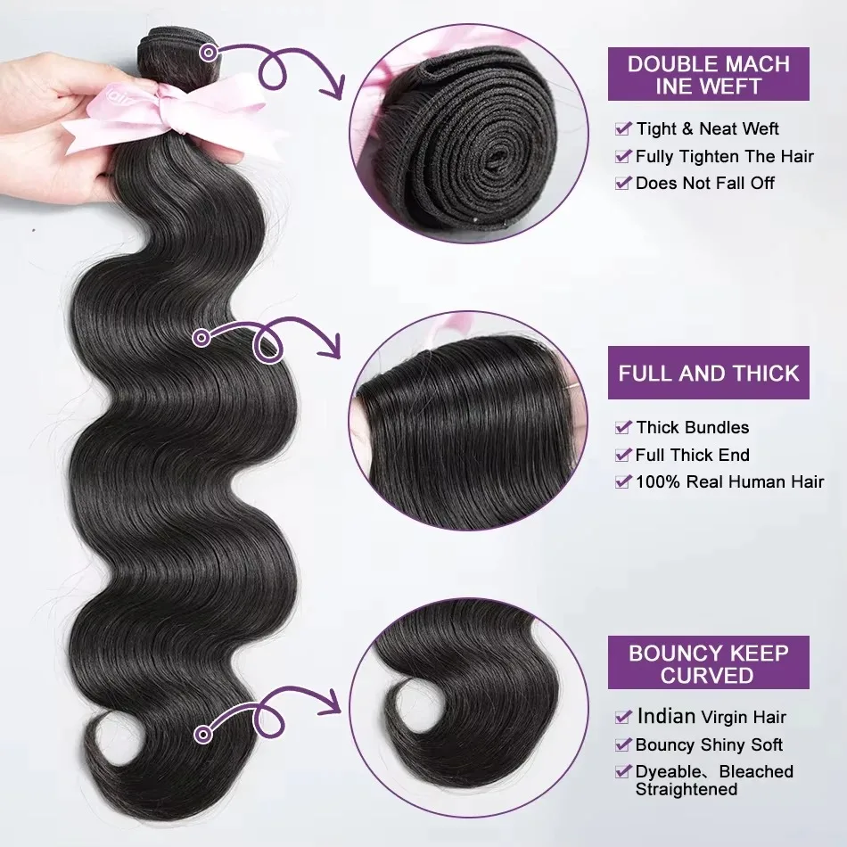 YKB-Bundles de cheveux humains Body Wave, Extensions de cheveux bruts indiens non transformés, Double proximité, Wn Virgin Weave, 3 Bundle Deals, 30 ", 40", 100%