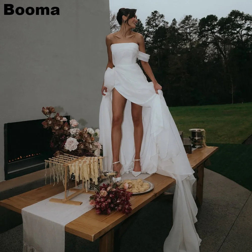 Booma linha a vestidos de casamento sem alças plissados organza noivas vestido de festa alta fenda lateral vestidos de noiva para mulher personalizado