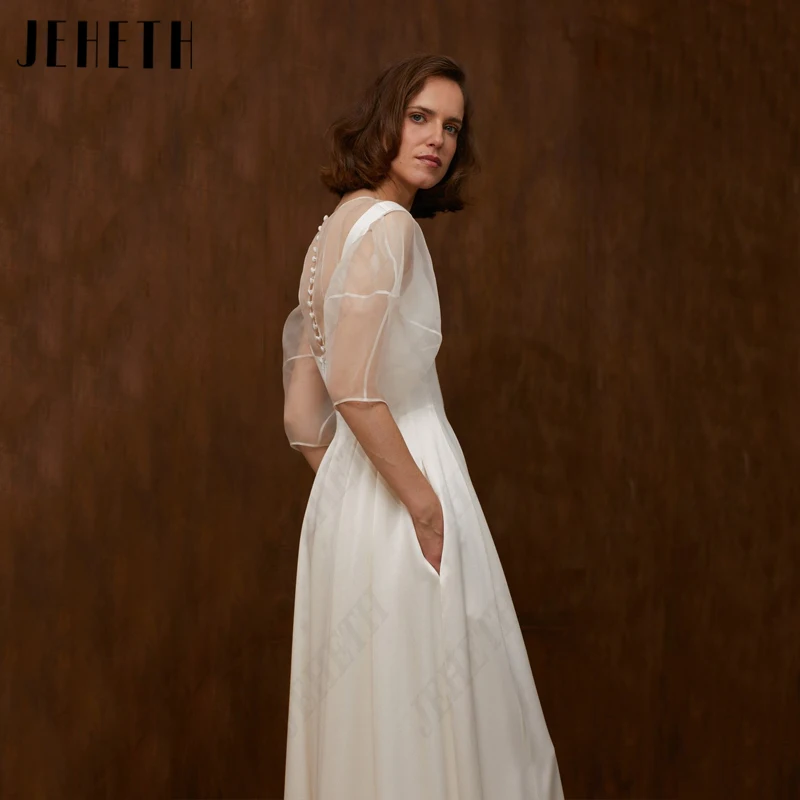 JEHETH Lantern Sleeve Button Wedding Dresses For Women A-Line Scoop Neck Bridal Gowns Vintage Satin Vestidos De Novia Illusion