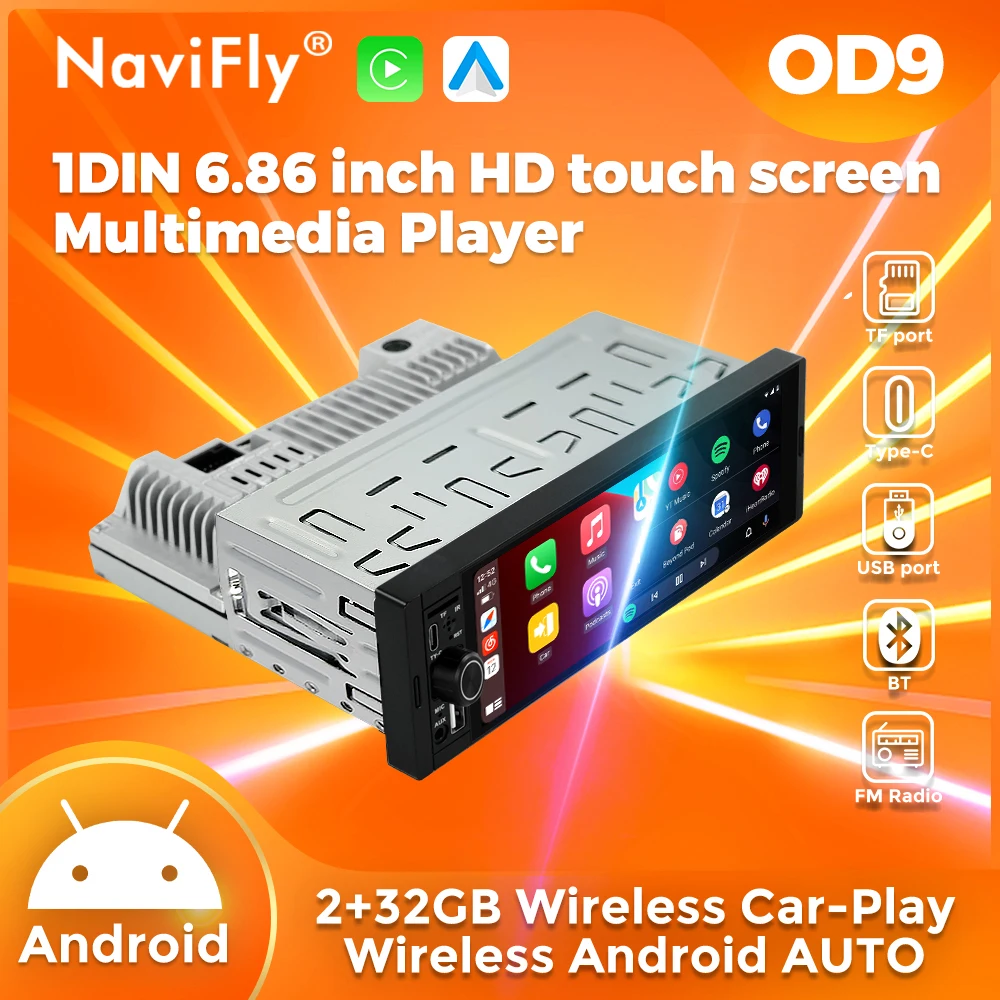 

Navifly 2G + 32G Универсальный 1 Din Android 6,86-дюймовый HD сенсорный экран Беспроводной CarPlay Авто Авто Радио Мультимедийный видеоплеер GPS FM