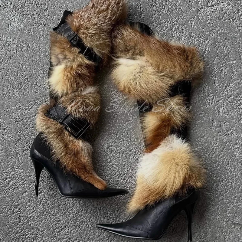 

Designer Women's Spliced Fur Lined Knee High Stiletto Heel Boots Fashion Pointed Toe Real Fur Trim Leather Winter Boots