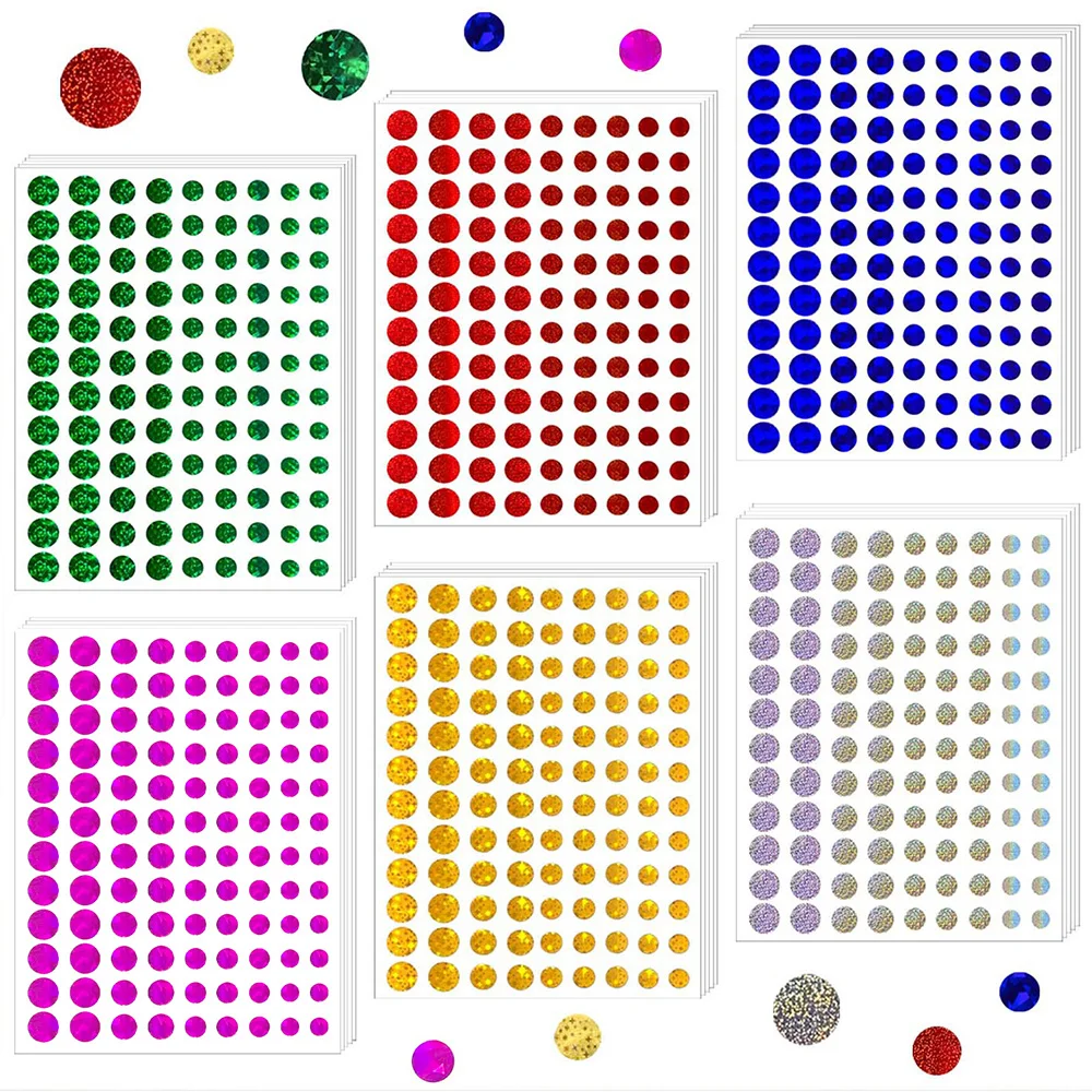 Pegatina de puntos holográficos brillantes pequeños, 6 colores, varios tamaños para la escuela, aula, suministros para estudiantes y profesores, recompensa de comportamiento Char