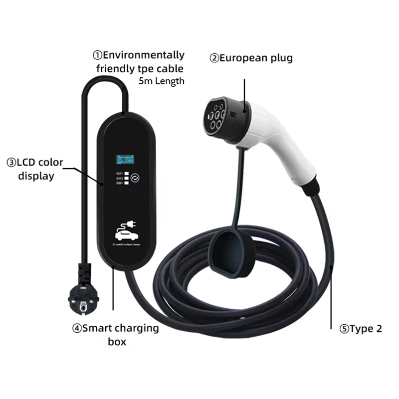 Single Phase 3.5kw Type2 16A 5m Cable Adjustable Charging Current with Touch Screen