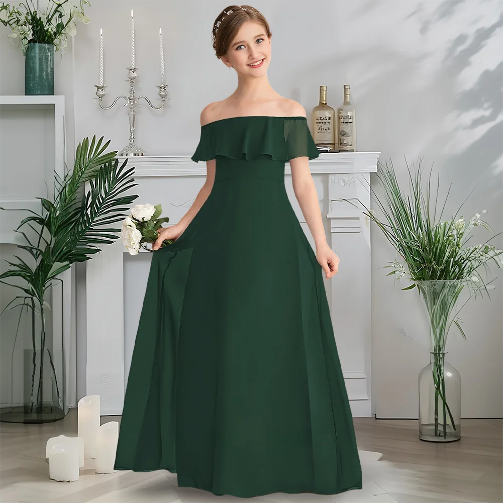 Платье подружки невесты с открытыми плечами, темно-синее платье с цветочным узором для девочек, шифоновое платье длиной до пола с каскадными оборками