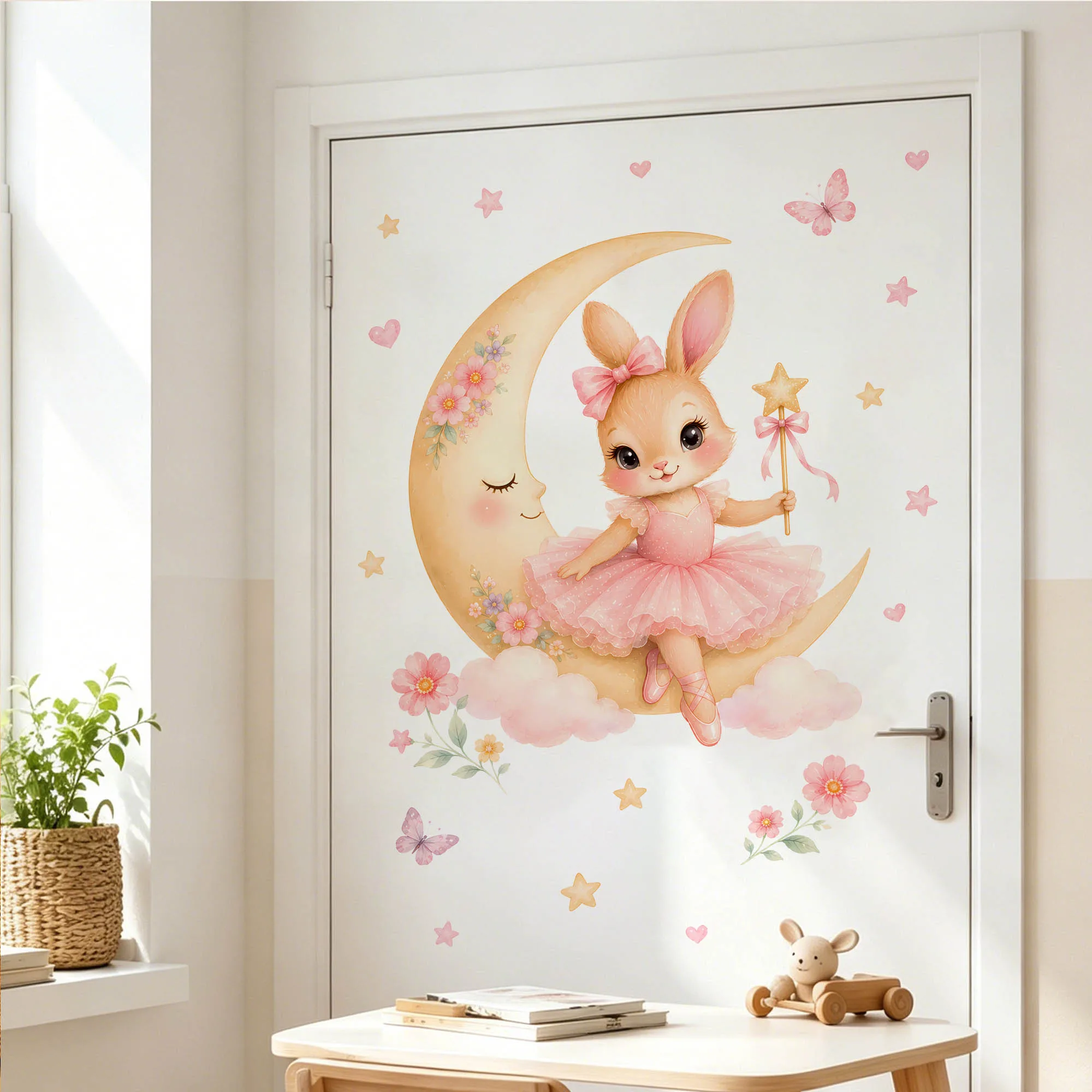 Watercolor Ballerina Bunny Moon Wall Stickers Pink Tutu Rabbit Star Wand Wall Decals for Kids Baby Girls Room Bedroom Home Decor view 3
