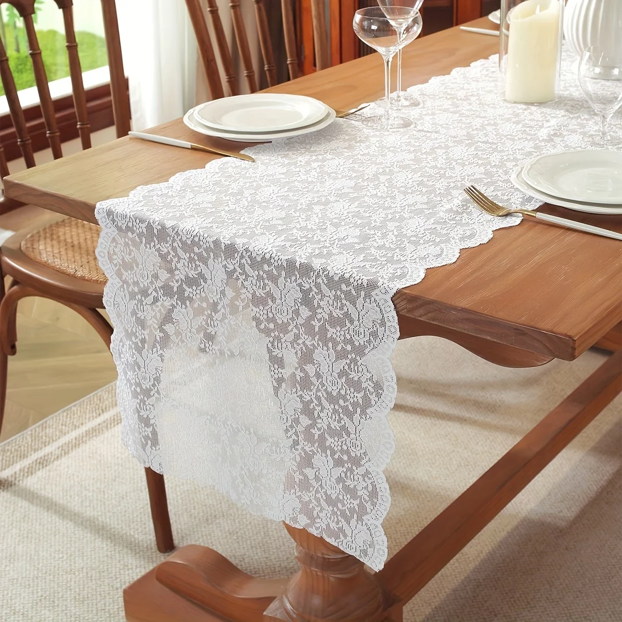 1Panel Cottage Floral Lace Jacquard Table Runner,  Polyester, for Dining Table, Coffee & Tea Table, Table Accessories