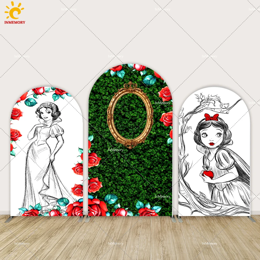 

Disney Princess Snow White Arched Backdrop Cover for Girls Birthday Decoration Red Rose Green Wall Baby Shower Party Banner