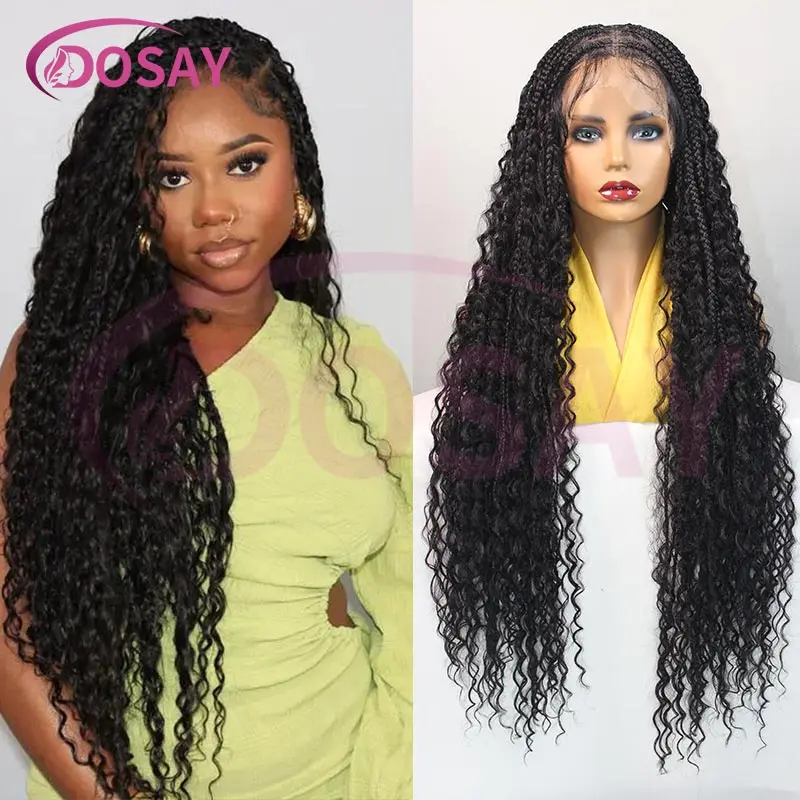 الاصطناعية 36 "الدانتيل الكامل بوهو شعر مستعار مضفر مجعد ينتهي عقدة صندوق الضفائر شعر مستعار للنساء السود 1B27 شقراء آلهة الضفائر شعر مستعار #3