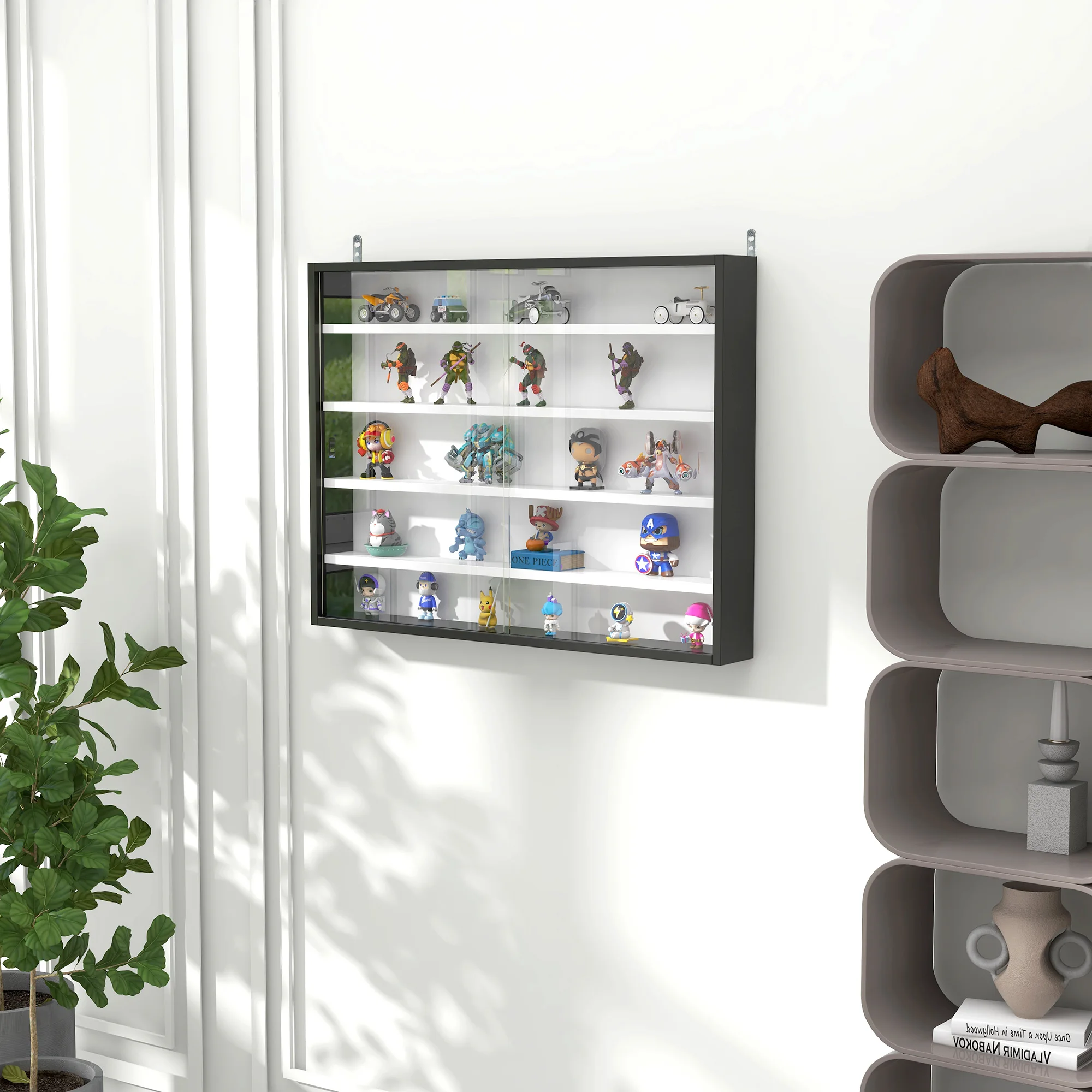 Vitrine murale avec étagères réglables et 2 portes coulissantes en verre pour collections, parfums, figurines décoratives, 80 x 9,5 x 60 cm, noir et blanc