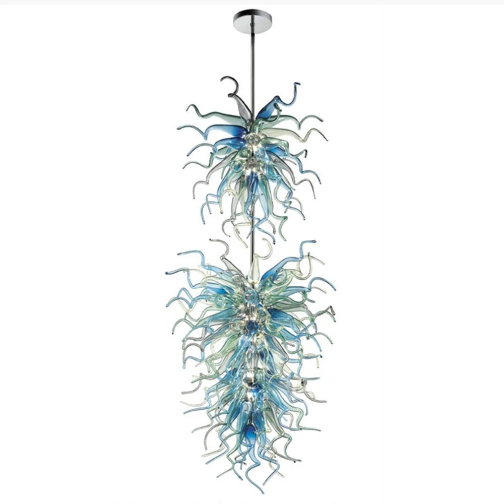 Luxury Big Chandeliers OEM Aqua Blue Shade Green Deluxe Building Hand Blown Glass Chihuly Chandeliers for Lobby Hotel Staircase