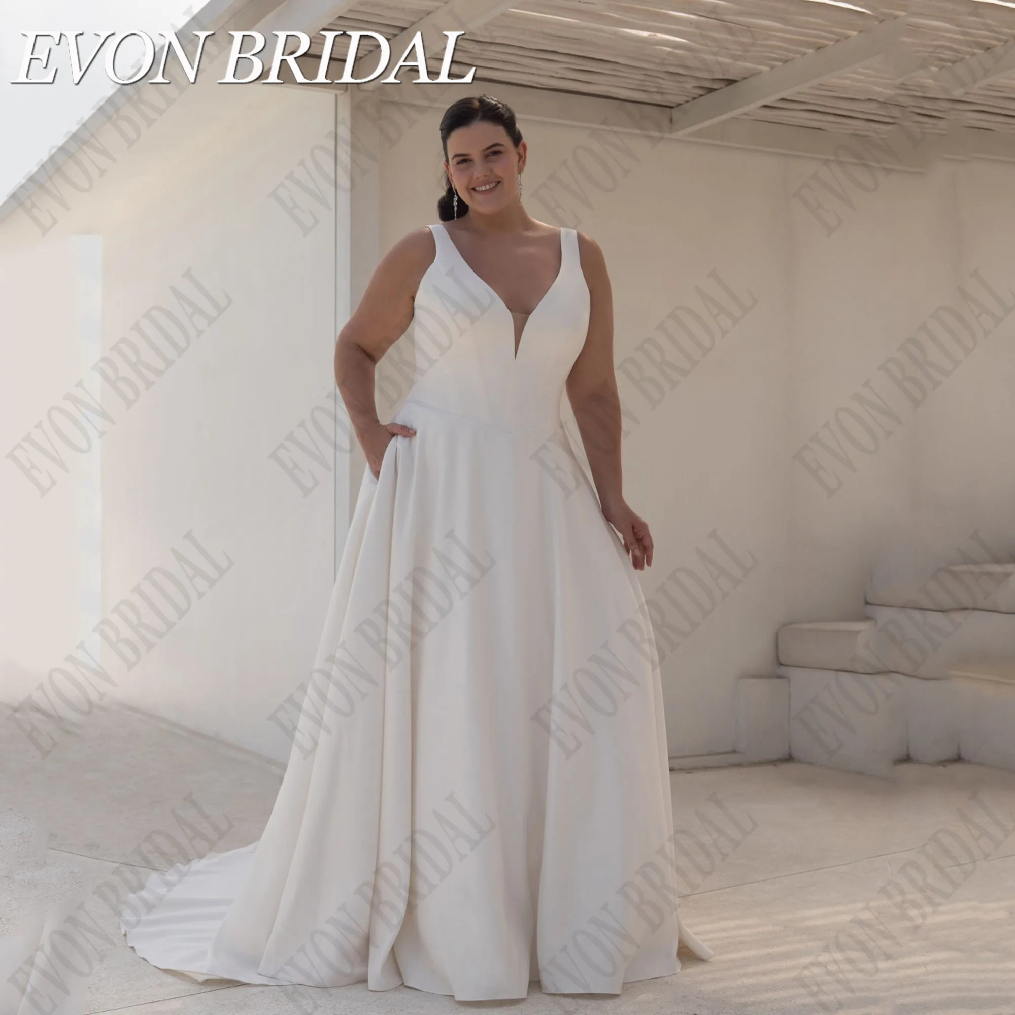 

EVON BRIDAL Sleeveless V-Neck Wedding Dresses Plus Size For Bride Satin A-Line Bridal Gown Classic Zipper Back Custom Made