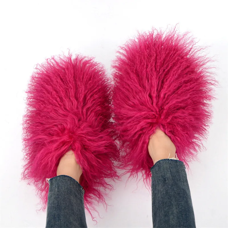 Wholesale Women Fluffy Winter Fur Slides Warm Flip Flop Fashion Soft Plush Curly Sheep Fur Slippers