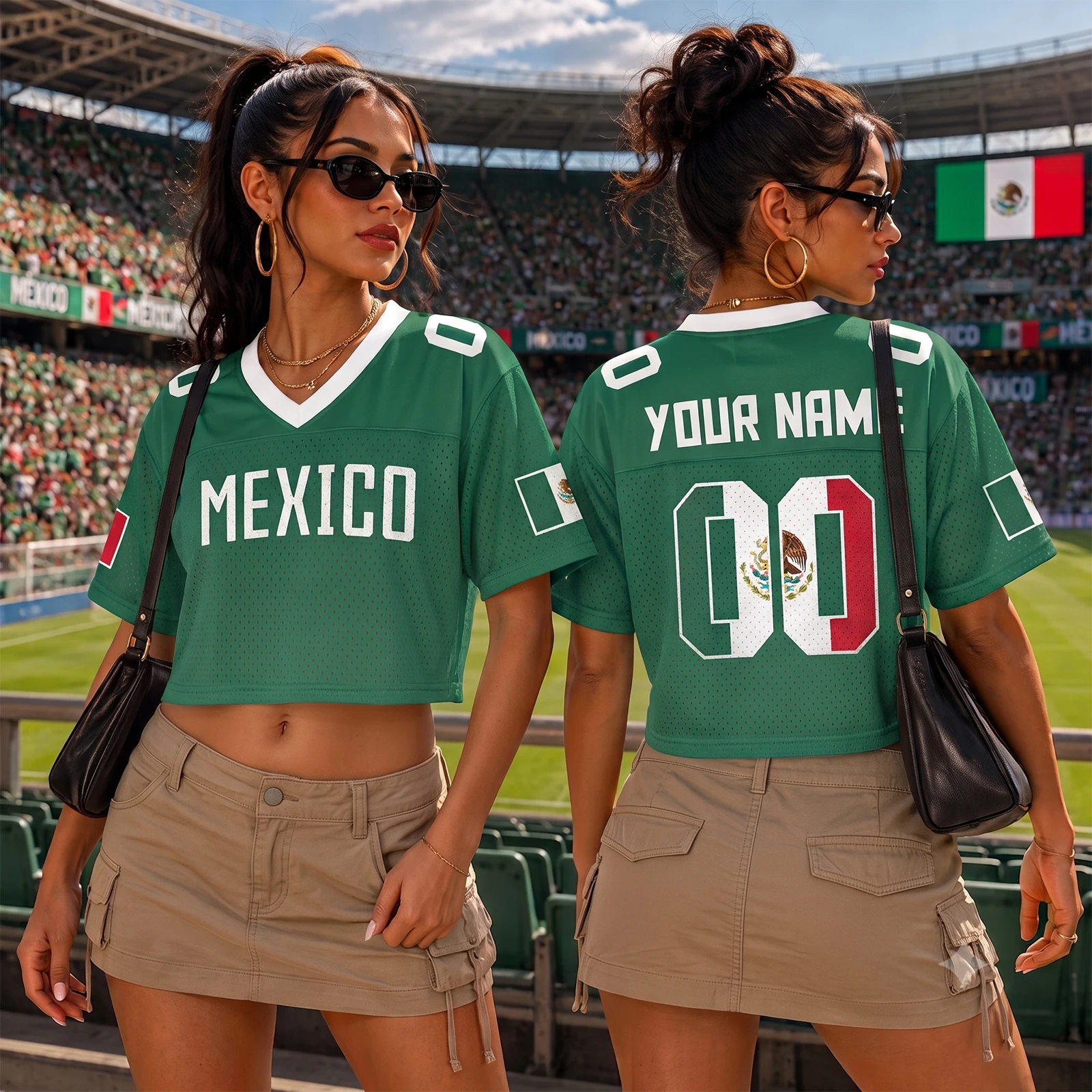 Custom Mexico Soccer Crop Top Jersey, Personalized Mexico Jersey Crop Tee, Womens Game Day Football Fan Cropped Shirt