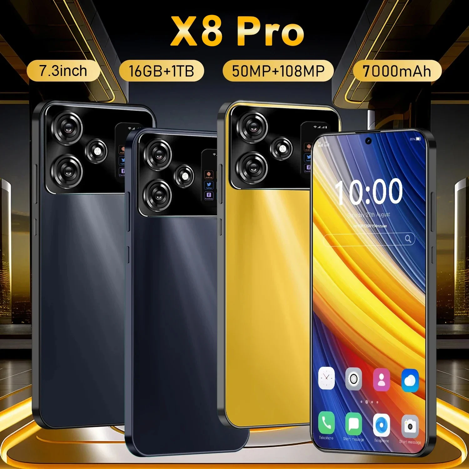 Nouvelle version mondiale X8 Pro 5G smartphone 16GB RAM + 1TB Snapdragon 8 Gen3 7000mAh 50MP + 108MP double carte SIM téléphone Android 14