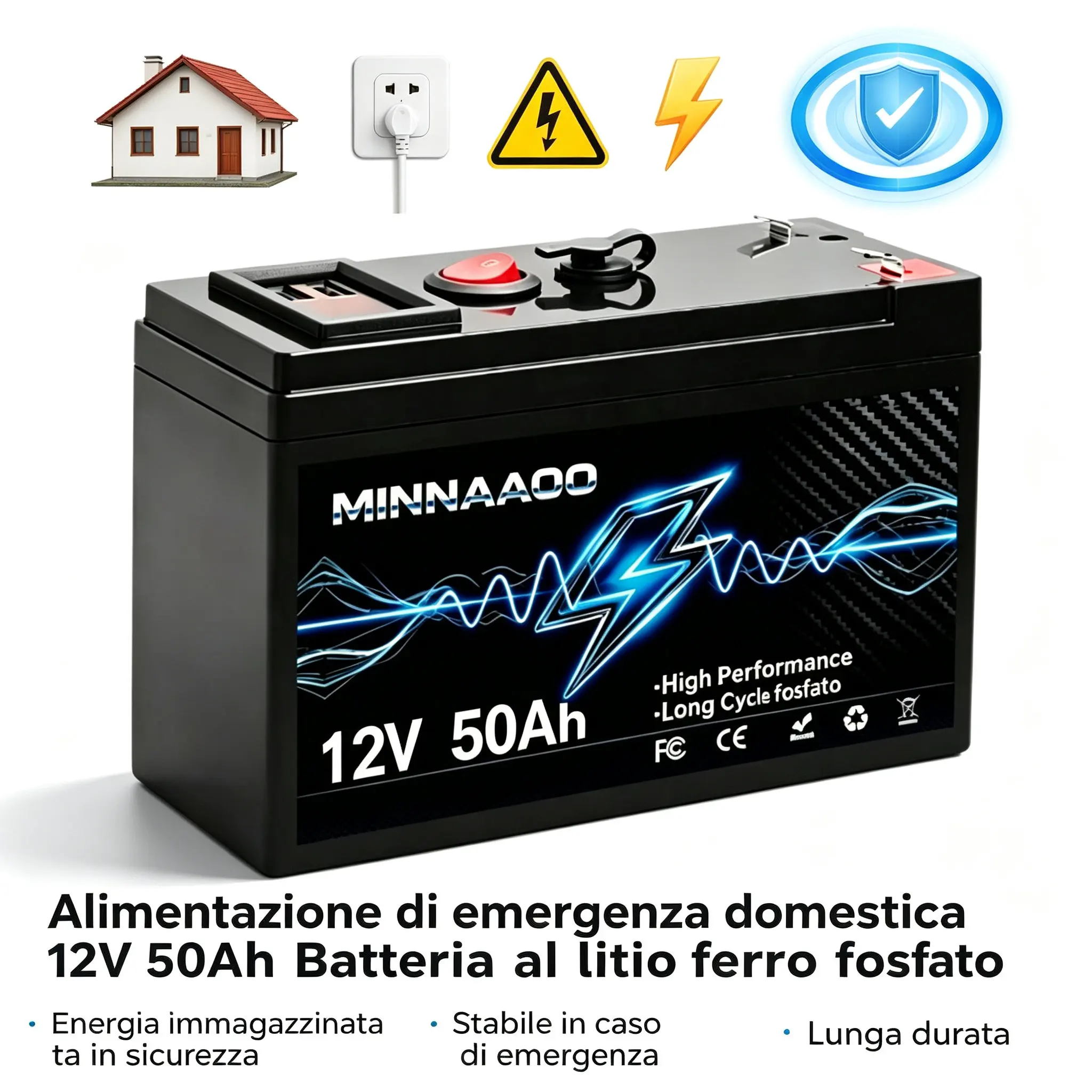 Nuova batteria LiFePO4 da 12V 50Ah con BMS integrato da 50A, oltre 4000 cicli profondi, batteria al litio ferro fosfato per sistemi solari, camper, imbarcazioni e motori elettrici da traina