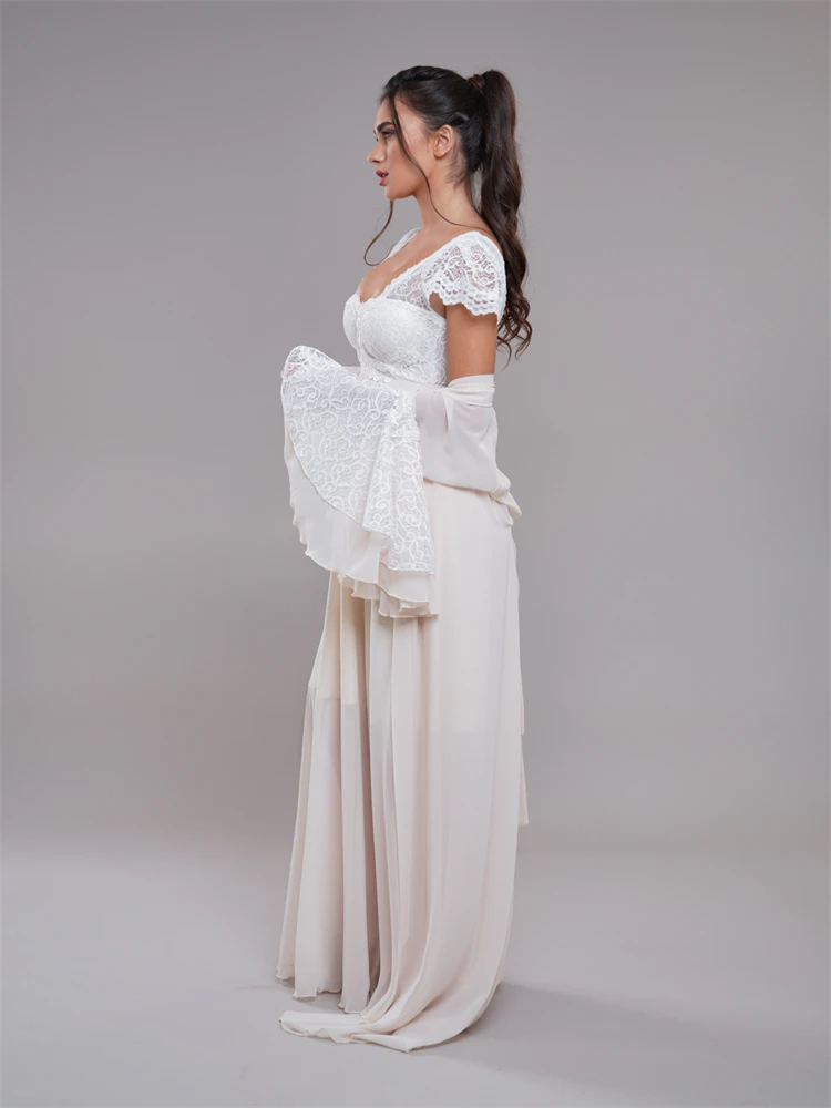 Elegant Two-Pieces Lace Bride Robe For Wedding Sexy Flare Sleeves Chiffon Bridal Shower Dress Women Night Gwon 2024