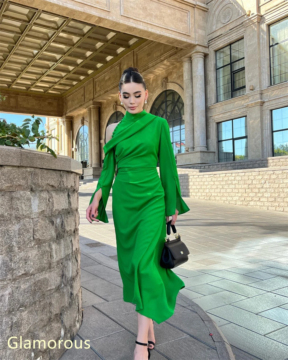 Customized  Simple Green Jersey Evening Dress Exquisite High Collar Long Sleeves Homecoming Dresses Luxury Vestido De F image 5