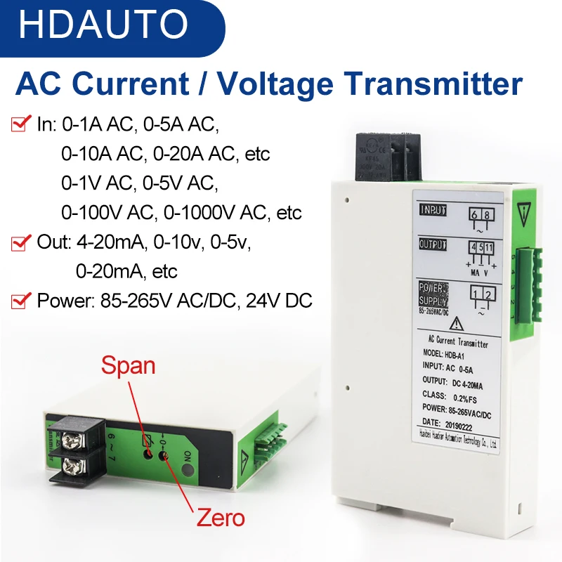 

AC Current Transmitters 220VAC Power Supply 1000V AC Voltage Transducer Sensor 0-1A 5A 10A 20A AC 4-20mA Output