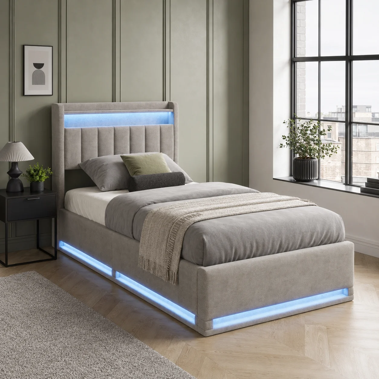 LED Bed Frame 90x190cm, Ottoman Bed Frame with  Hydraulic Storage, Storage Bed with Charging Station, Single Bed Frame with Headboard and Wooden Slats
