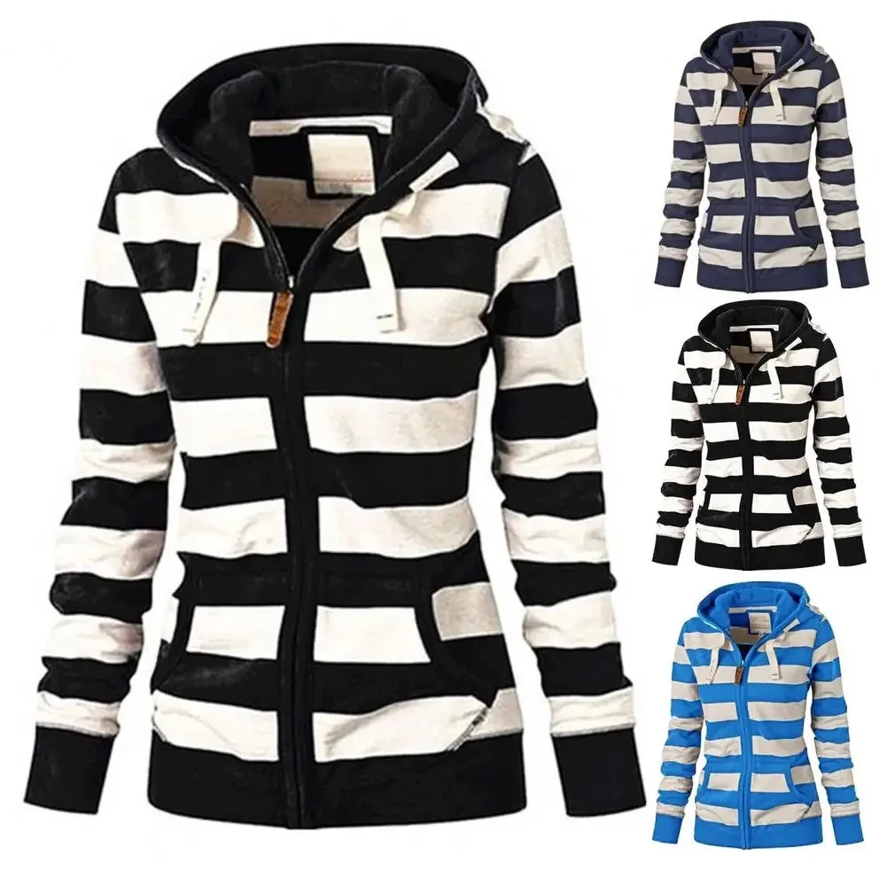 Drawstring Women Sweatshirt Jacket Pockets Zipper Closure Sweatshirt Jacket Autumn Winter Women Striped Print Hoodie Coat