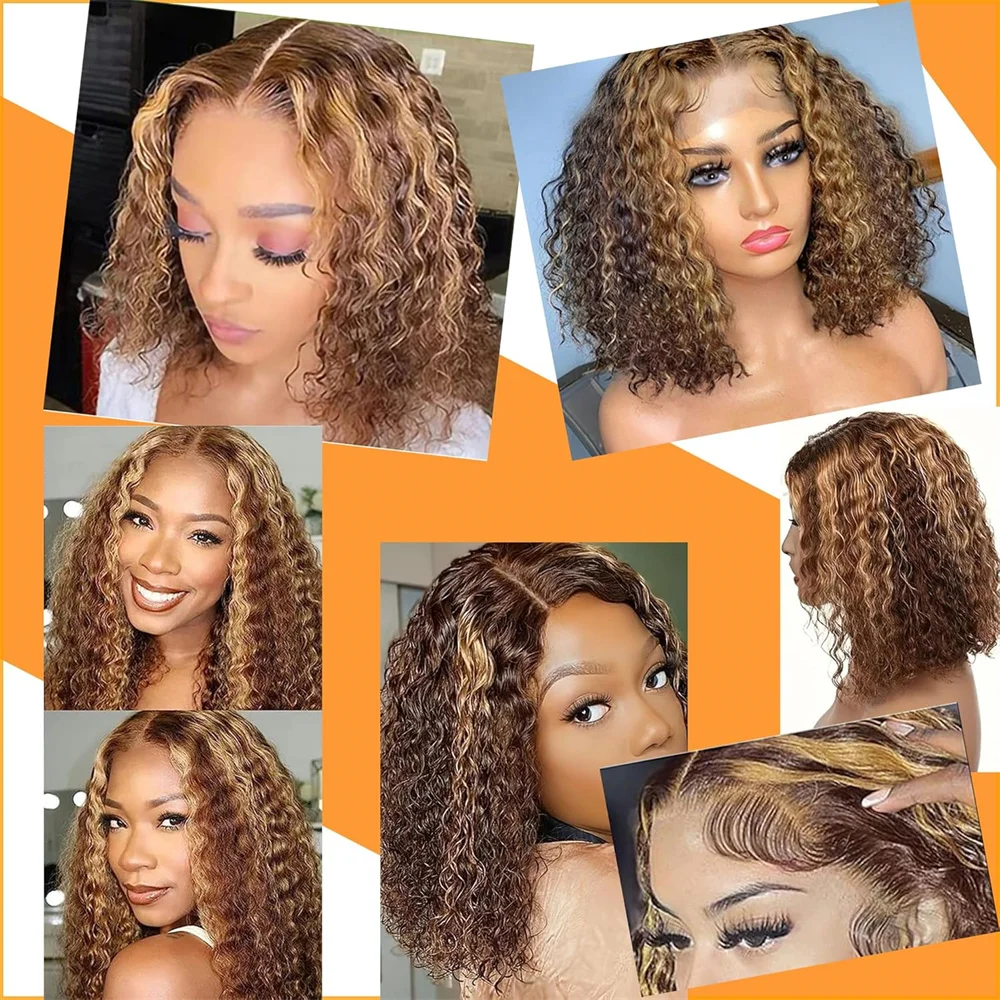 12 14 Zoll braune tiefe Welle 13x4 HD Lace Frontal 4/27 Highlight Ombre farbige lockige 13x4 Echthaarperücke 200 % Dichte