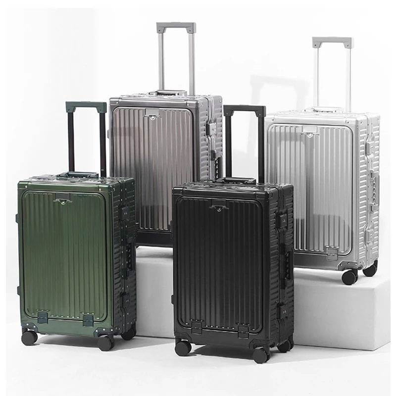 

Front Open Lid Luggage Full Aluminum Magnesium Alloy Multifunctional with Cup Holder 20 Inch Boarding Case TSA Customs Lock USB