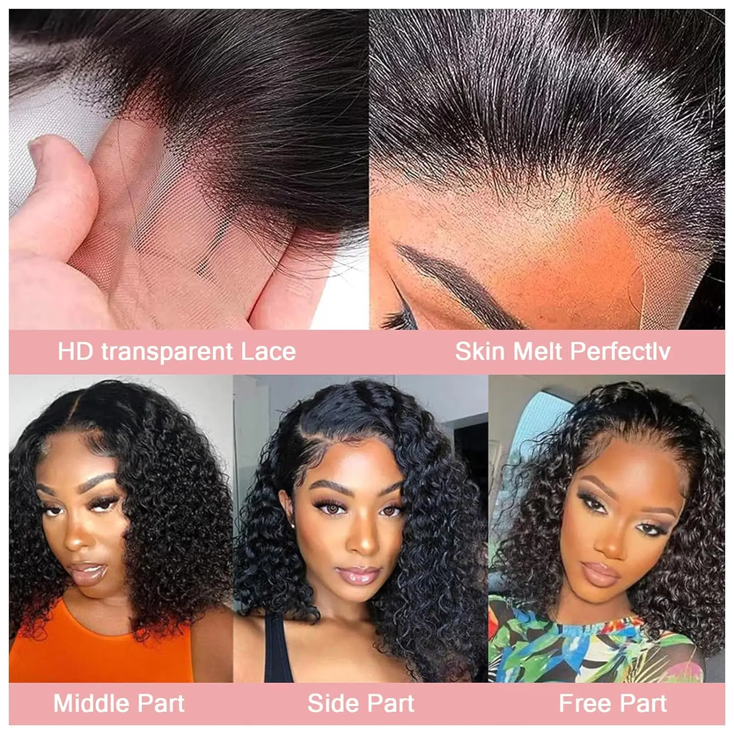 Perruque Bob Lace Front Wig Deep Wave brésilienne naturelle, cheveux vierges, 13 tage, 8-16 pouces, pre-plucked, densité 1B 150%, pour femmes