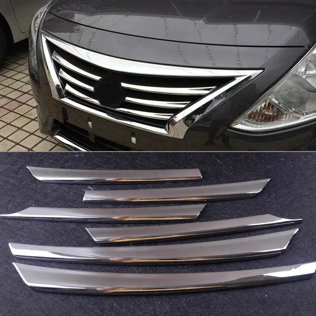 Chromowana kratka przednia środkowa maski, osłona zderzaka, nakładka dekoracyjna pasująca do Nissan Versa Latio Almera 2015 2016 2017 — zdjęcie 2