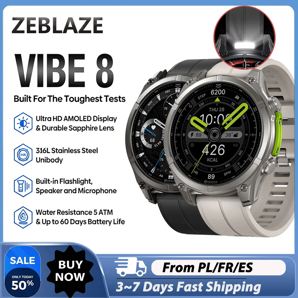 Zeblaze 2025 Neue VIBE 8 Smartwatch 1,43" AMOLED-Bildschirm, Saphirglas, 316L Edelstahlgehäuse, Eingebaute Taschenlampe & Mikrofon, Sprachanrufe, Gesundheitstracking (HR/BP), Fitness- &