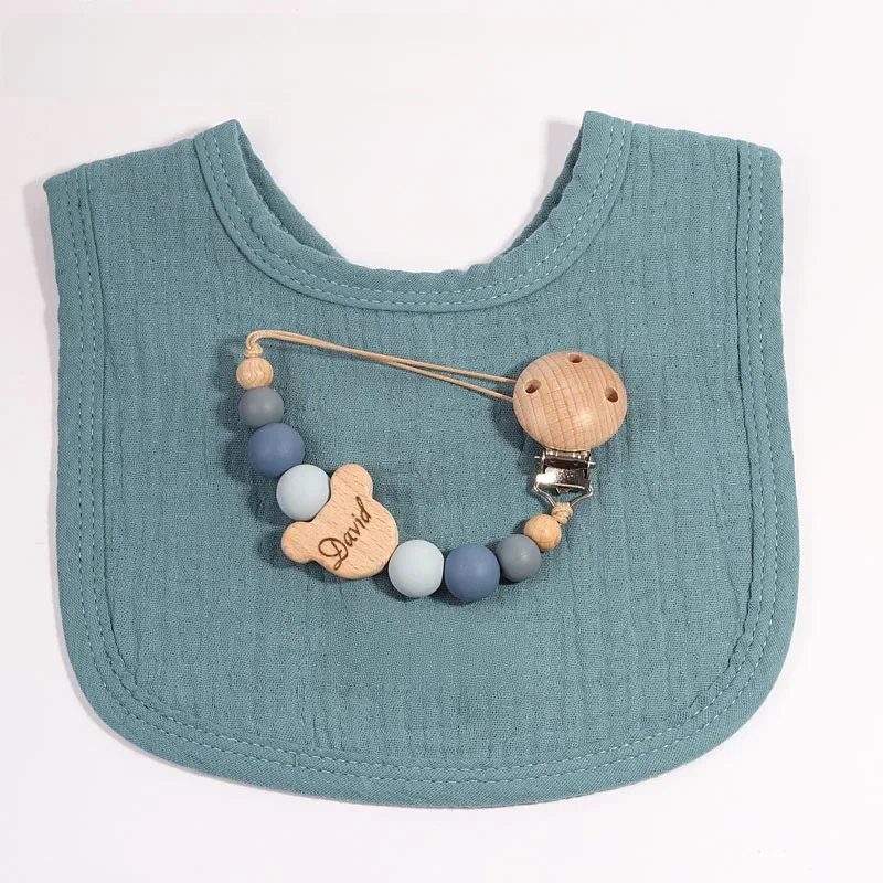 Ensemble de bavoirs et de chaîne de sucette personnalisés pour bébé, nom brodé personnalisé, serviette de salive en coton pour bébé, bavoir de baptême, cadeaux de réception-cadeau pour bébé