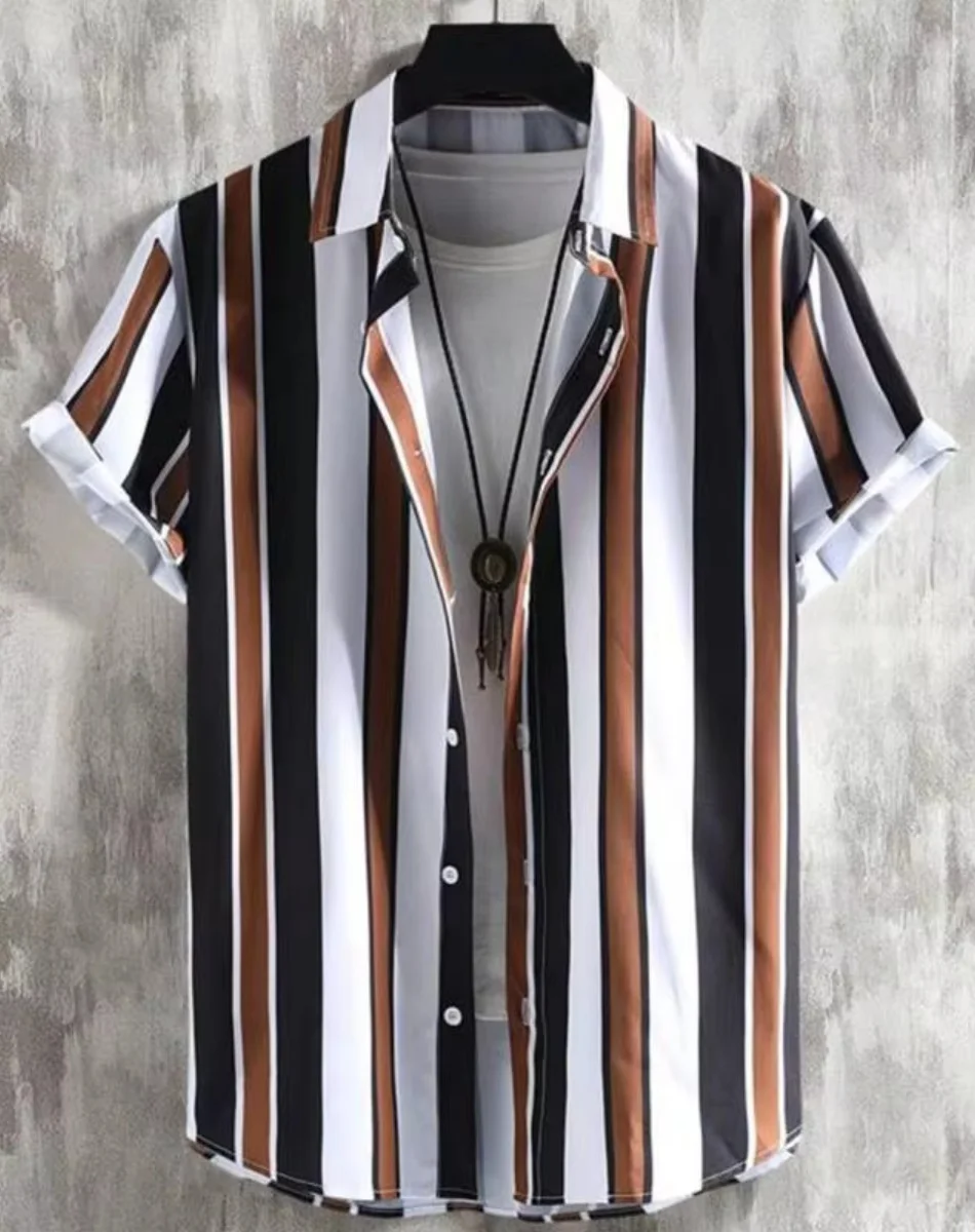 Простая полосатая мужская рубашка с 3D принтом, мужская и женская повседневная модная рубашка с короткими рукавами, уличная одежда на пуговицах с лацканами, одежда унисекс большого размера