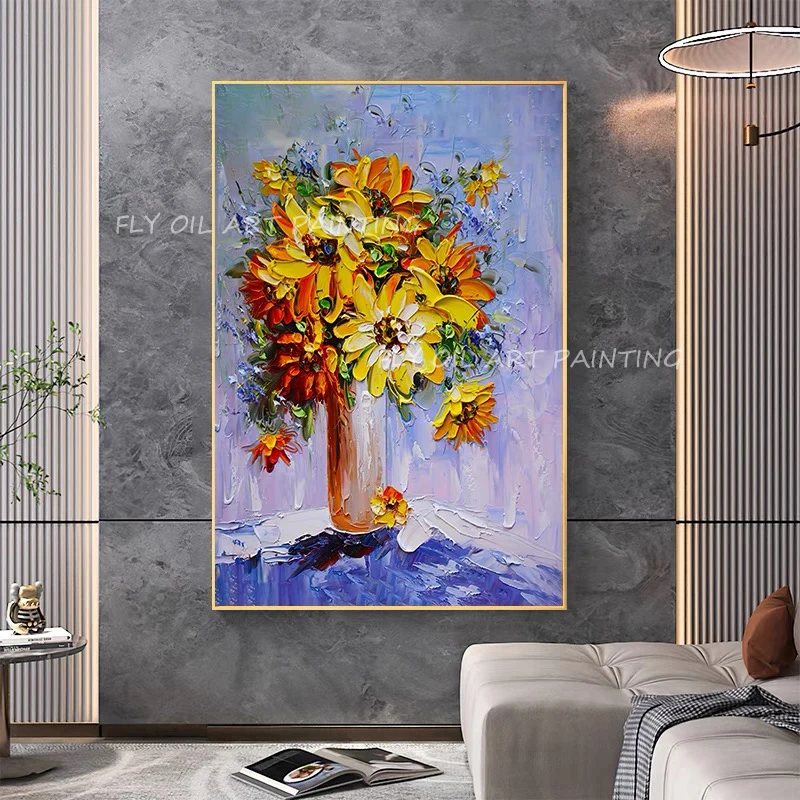 

100% Handpainted colorful sunflower landscape picture artwork simpel oil painting Canvas For Living Room Home Decor Frameless