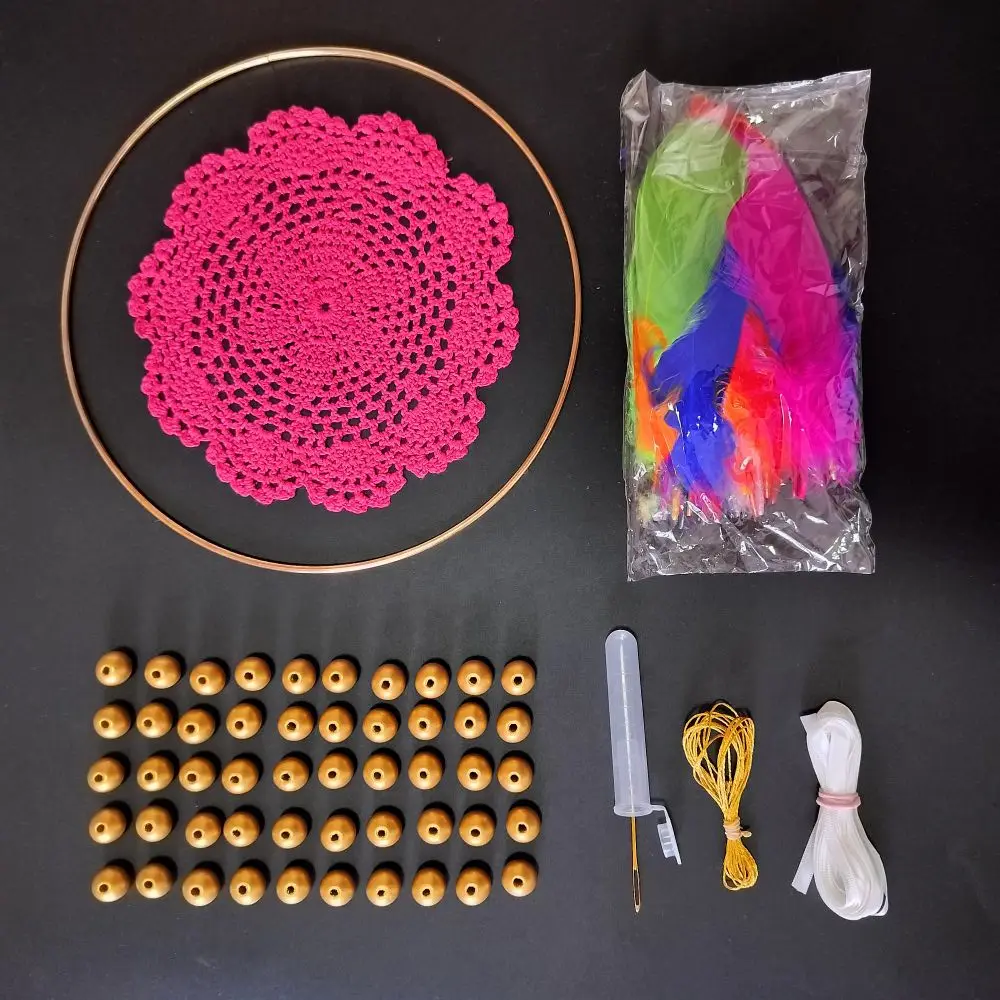 Deep Pink Web Dreamcatcher Kit With Making Materials Include Hand Crochet Cotton Doily Gold Plated Metal Ring Colorful Feathers