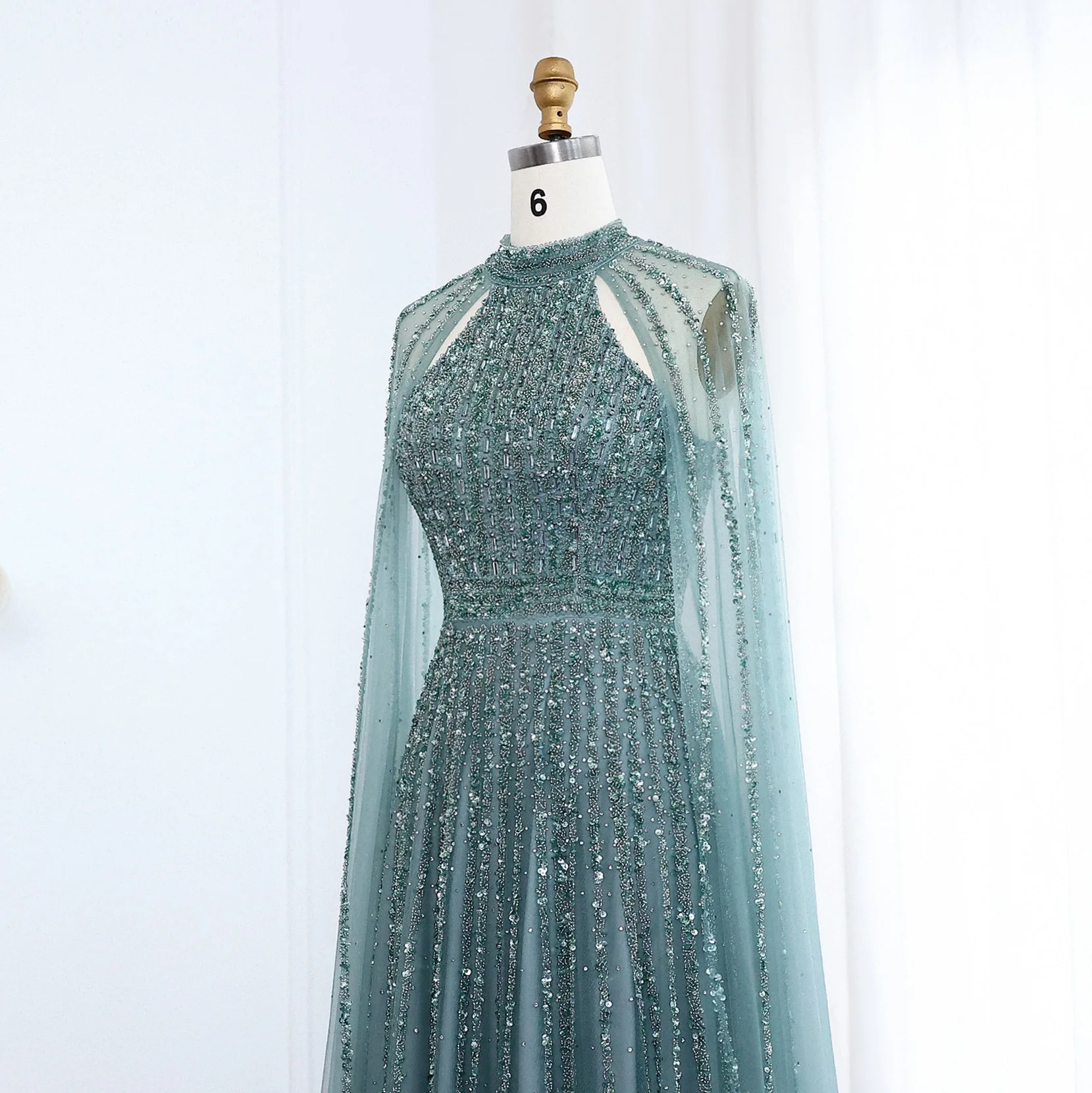 Sharon Said Arabisches Türkisfarbenes Luxus-Abendkleid aus Dubai mit Cape-Ärmeln 2026 Karamell für Damen Hochzeitsfeier SS085 Maßanfertigung – Detail 7