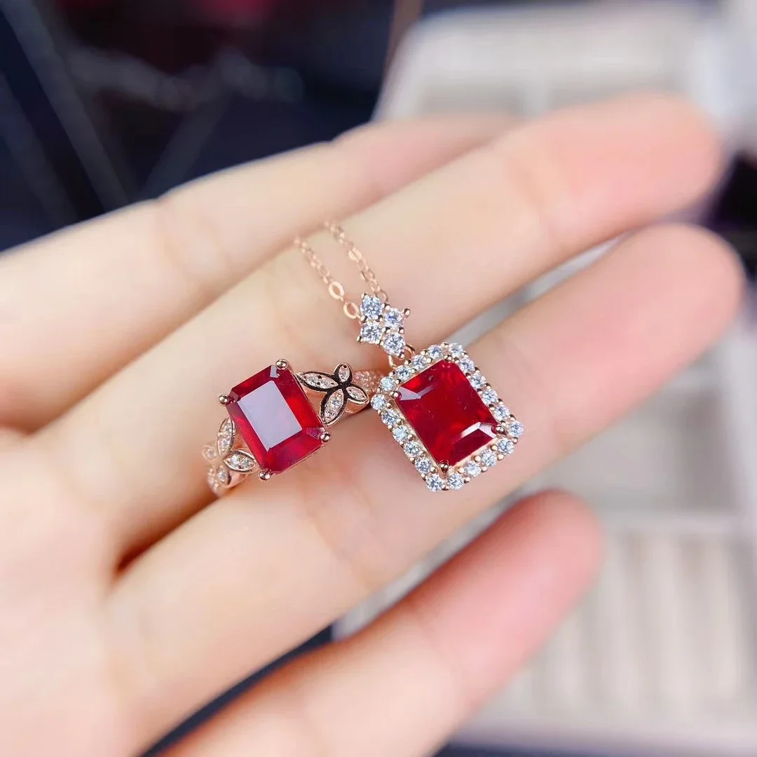 

High end Jewelry Women's Natural Rectangular Ruby Ring Pendant Set 925 Pure Silver Plated 18K Rose Gold Gift for Girlfriend