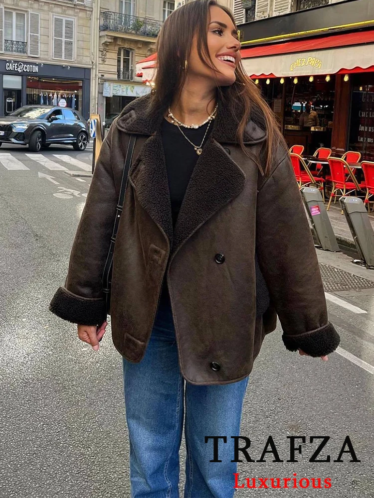 TRAFZA Streetwear Brown Leather Oversized Jackets Women Long Sleeve Single Buttons Thick Coats Fashion 2024 Vintage Outwears