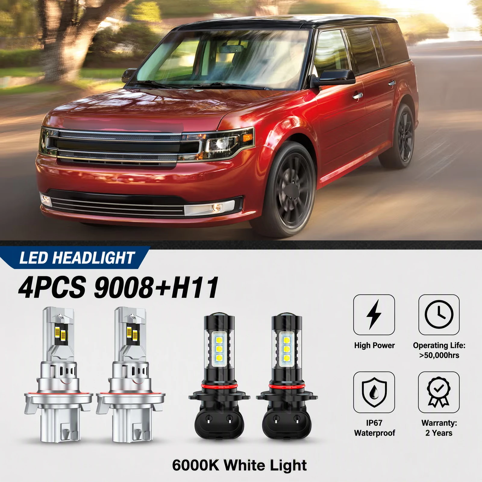 4Pcs LED Headlight Hi/Lo + Fog Light Bulbs Combo 9008+H11 6000K 20000LM For Ford Flex 2009 2010 2011 2012 2013 2014 2015 2016 2017 2018