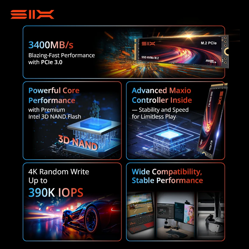 SIX X4000 3400MB/s M.2 PCIe 3.0 SSD 1TB, Internal Solid State Drive, 390K IOPS, 600TBW, High-Speed Storage for Desktop/Laptop view 2