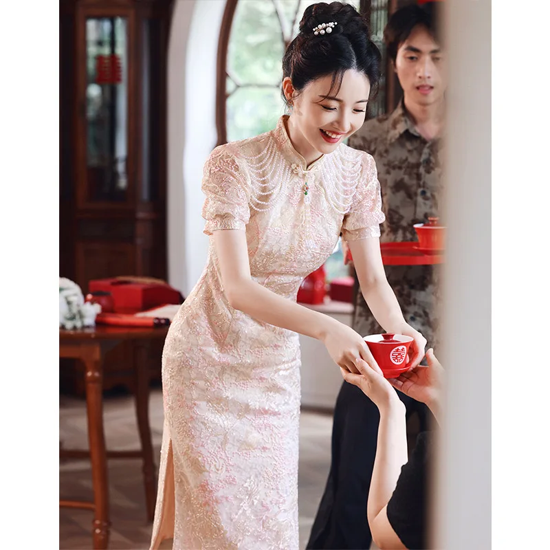 Lace toast dress bride new pink engagement dress dress new Chinese cheongsam return home toast dress