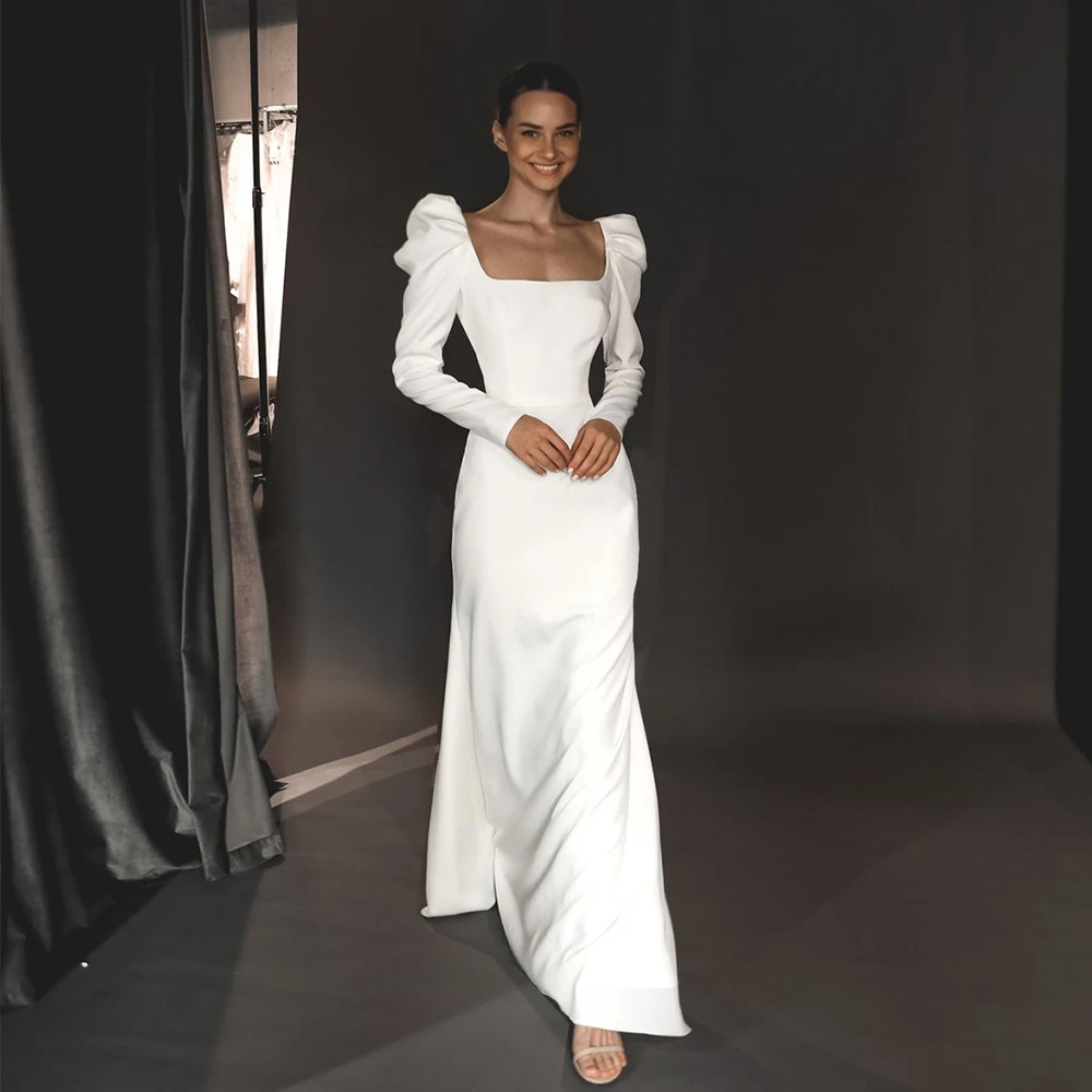 Simple Square Collar Long Sleeve Wedding Dress Sexy Open Back Straight Floor Length Bridal Civil Marriage Custom Made Gowns