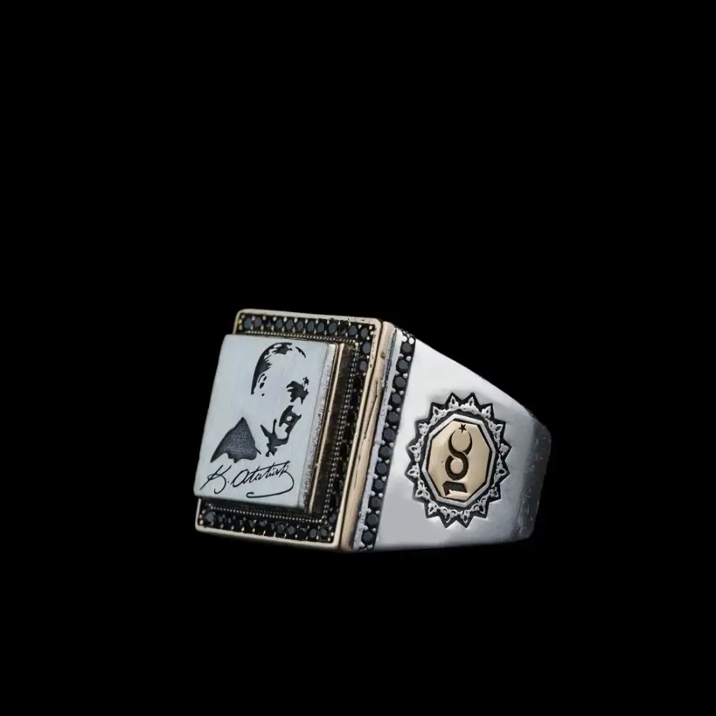 

Turkey Silver Ring with Gazi Mustafa Kemal Atatürk Picture in Commemoration of the 100th Anniversary, Unique History Ring