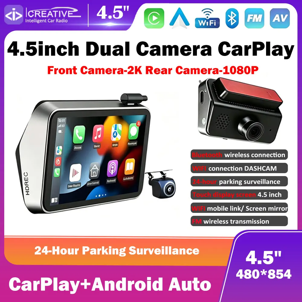 4.5 Inch 2K Dual Camera For Car DVR Dash Cam Recording 24 Hour Parking Surveillance Wireless Carplay Android Auto BT FM Monitor