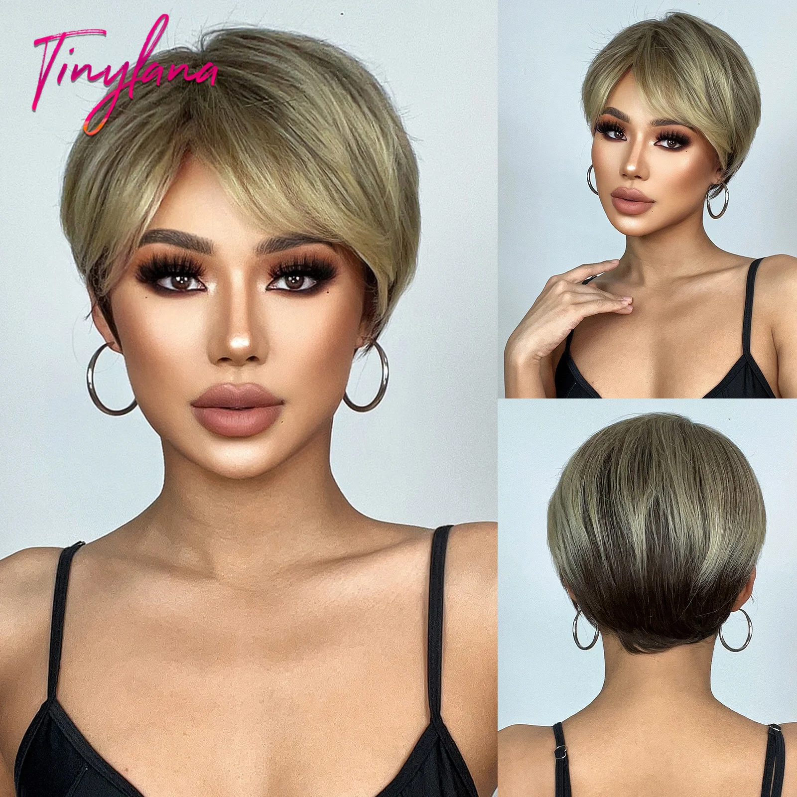 Short Straight Pixie Cut Bob Synthetic Wig with Bangs Natural Ombre Blonde Black Wigs for Women Daily Party Heat Resistant Hair