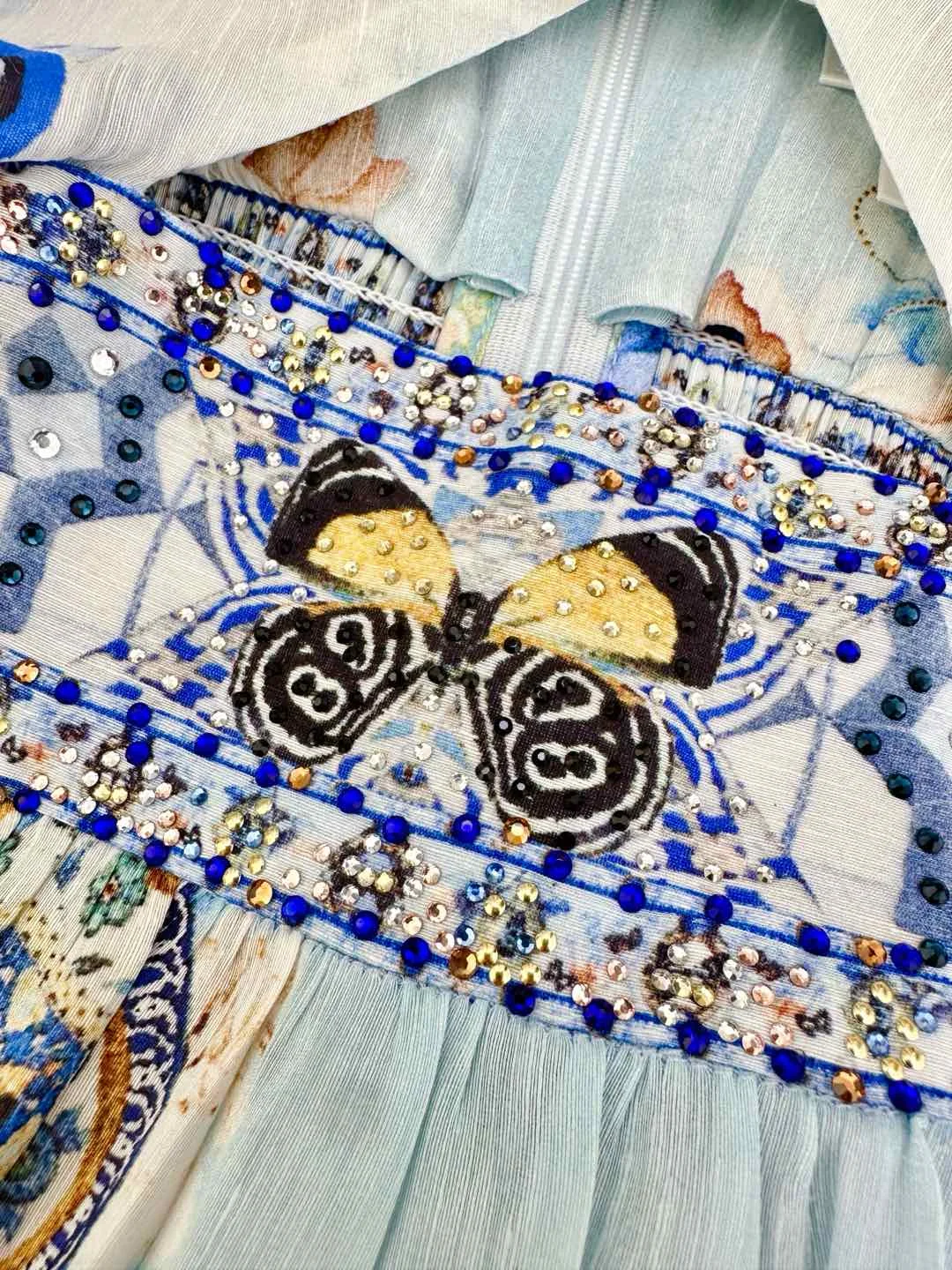 فستان نسائي قصير بطباعة أزرق حريري حقيقي 100% فستان صيفي أسترالي للشاطئ بوهو شيك مصمم بأكمام منتفخة ماسية