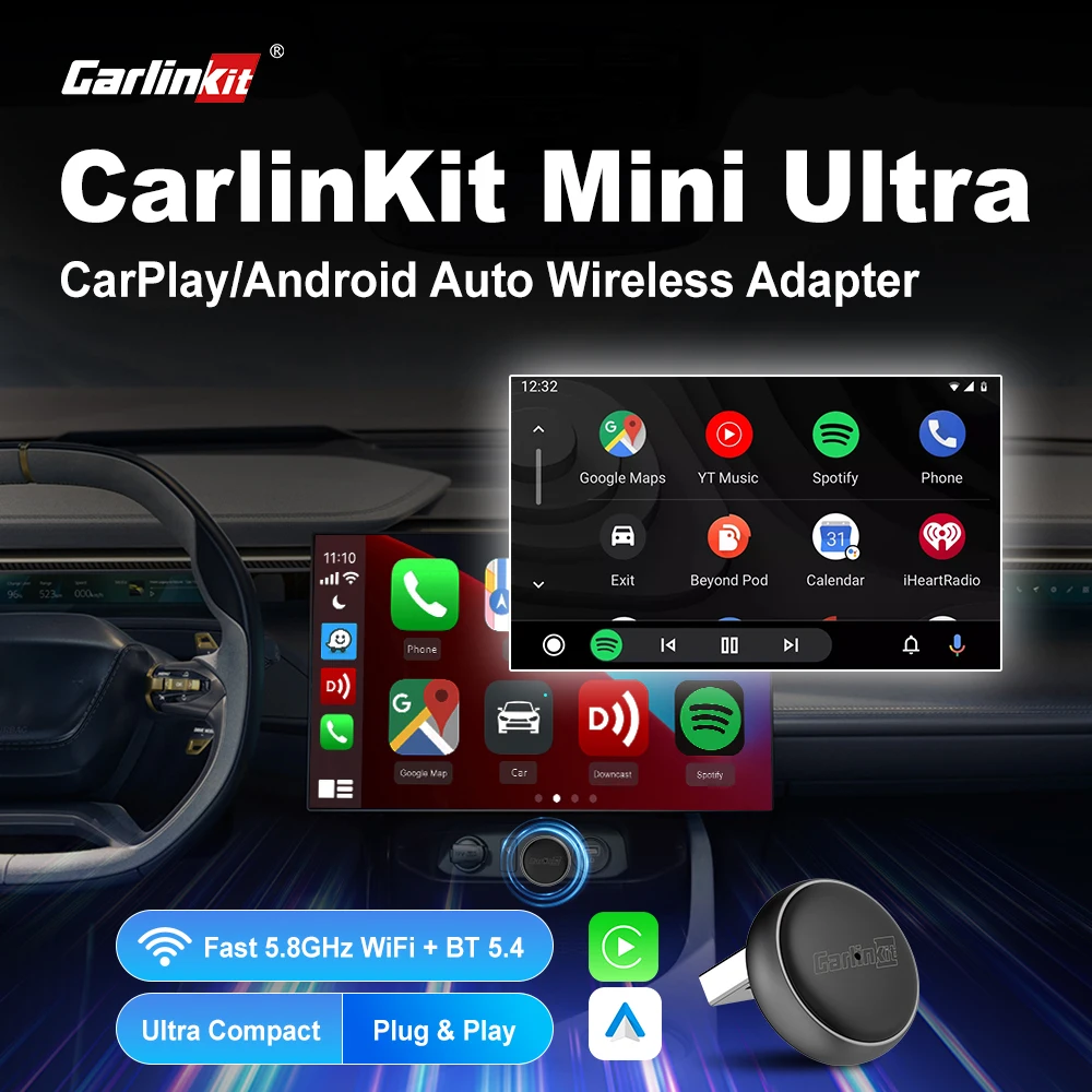 CarlinKit Mini Ultra Android CarPlay auto Wireless Adapter for Car infotainment Upgrade BT Wifi 5.8GHz OTA Upgrade Plug ＆ Play